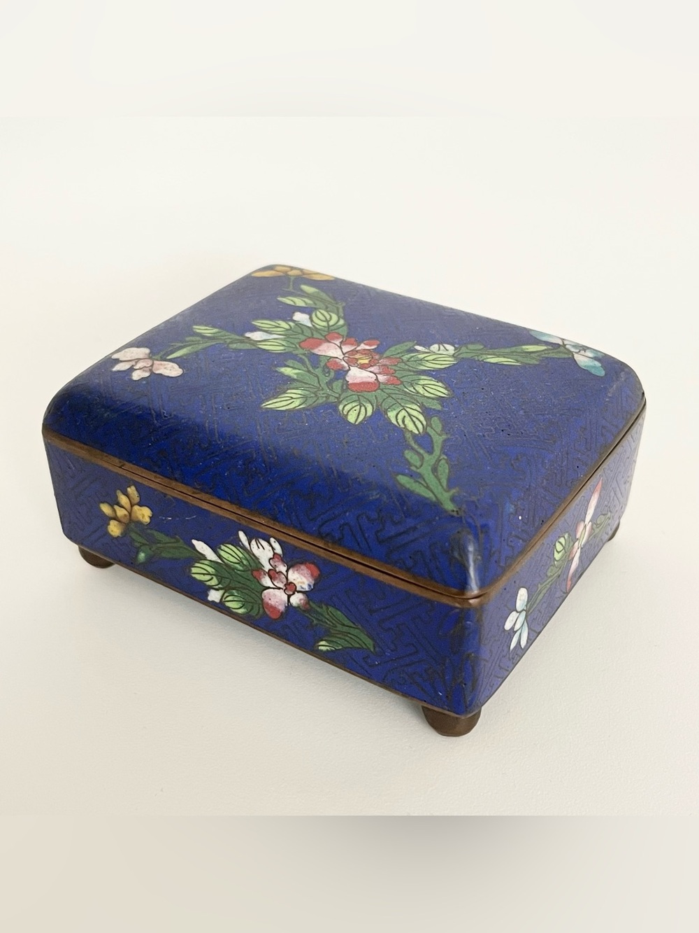 Vintage Bronze Enameled Chinese Trinket Jewelry Box Floral Cloissonne Blue